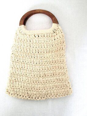 Universal Thread Crochet Macrame Bag Wood Handles Cream Boho Woven Tote